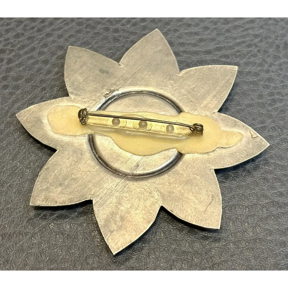 HUGE Yin Yang Symbol Black White MOP Etched Lotus Flower Ethnic Boho Pin Brooch